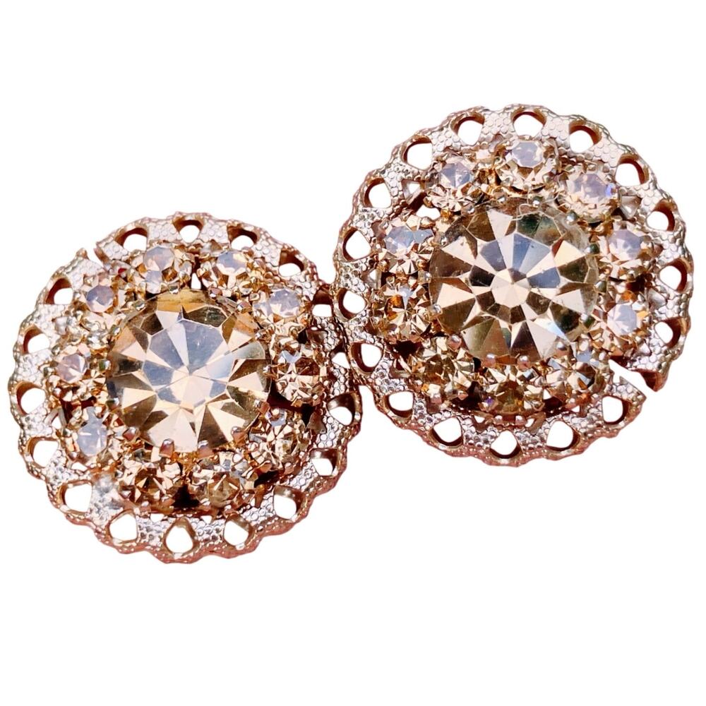 VTG 50s Gold Tone Champagne Rhinestone Dome Clip On Earrings Mid Century Sparkly